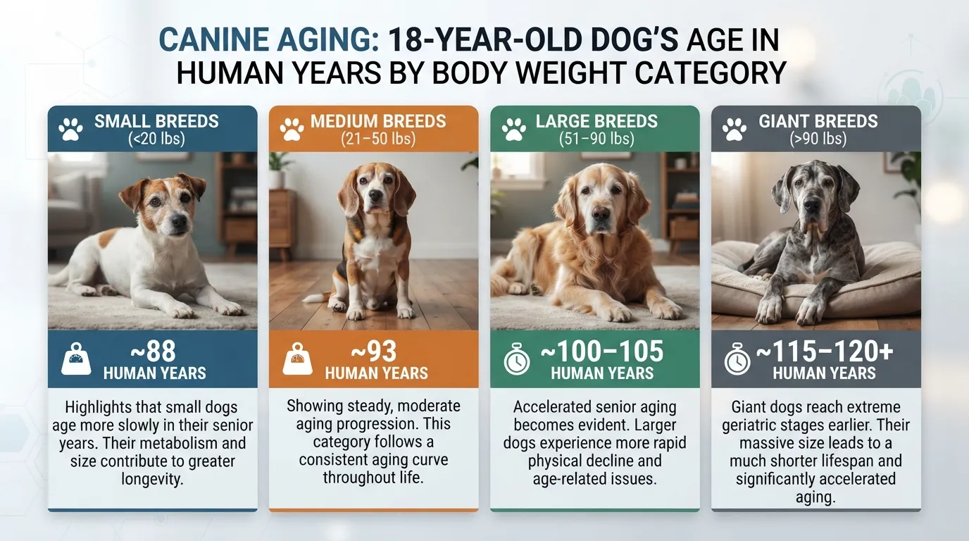 Comparative conversion chart showing an 18-year-old dog in human years broken down by small, medium, large, and giant dog breeds.