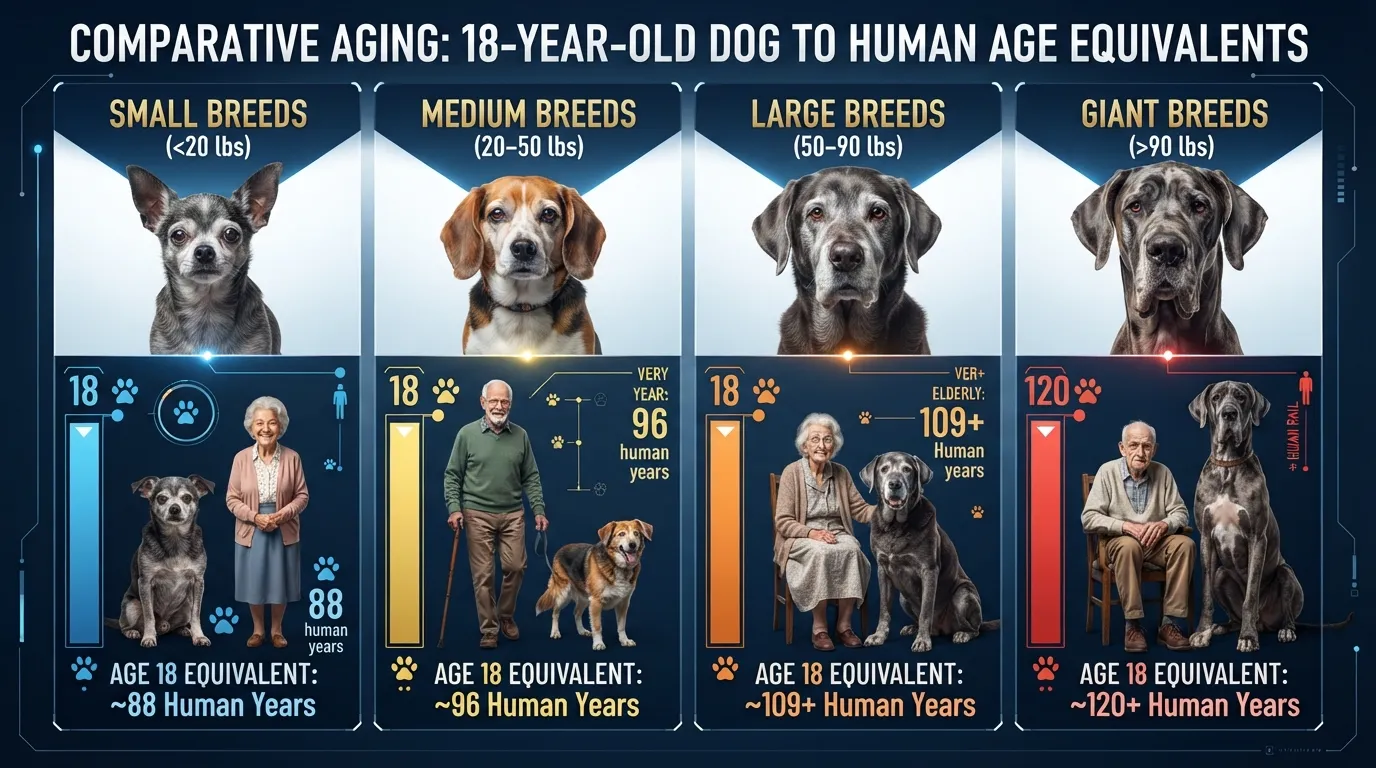 Comparison chart showing 18 dog years in human years for small, medium, large, and giant dog breeds.