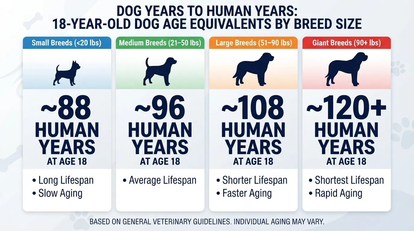 Infographic chart converting 18 dog years into human years categorized by small, medium, large, and giant dog breed sizes.