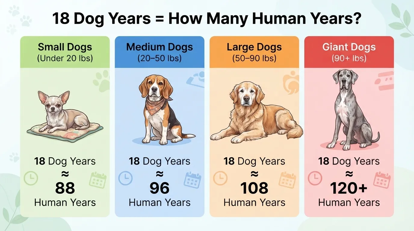 An infographic titled '18 Dog Years = How Many Human Years?' showing age conversions for small dogs (under 20 lbs, ~88 human years), medium dogs (20-50 lbs, ~96), large dogs (50-90 lbs, ~108), and giant dogs (90+ lbs, ~120+) with cartoon illustrations.