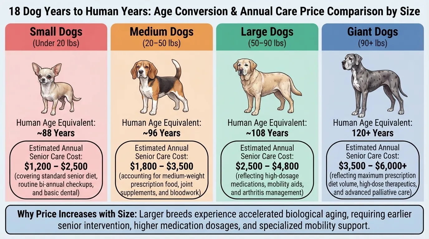 Comprehensive chart comparing 18 dog years to human years across small, medium, large, and giant breeds alongside estimated senior veterinary care costs.