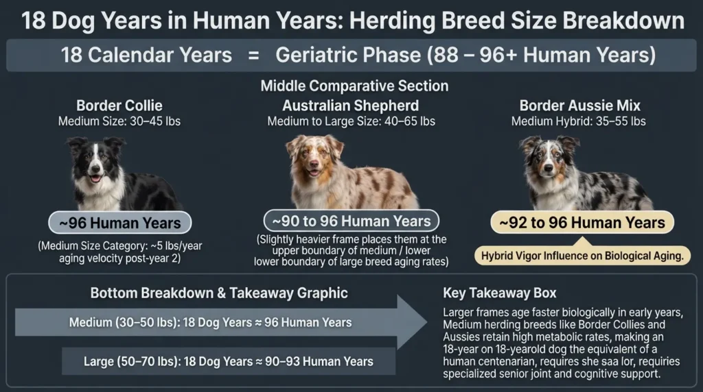 Comparative age infographic chart showing an 18-year-old Border Collie, Australian Shepherd, and Border Aussie converting dog years to human years based on body size and weight classification.