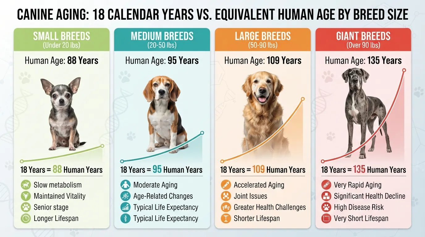 Comparison chart showing how an 18-year-old dog translates to human years across small, medium, large, and giant breed sizes.