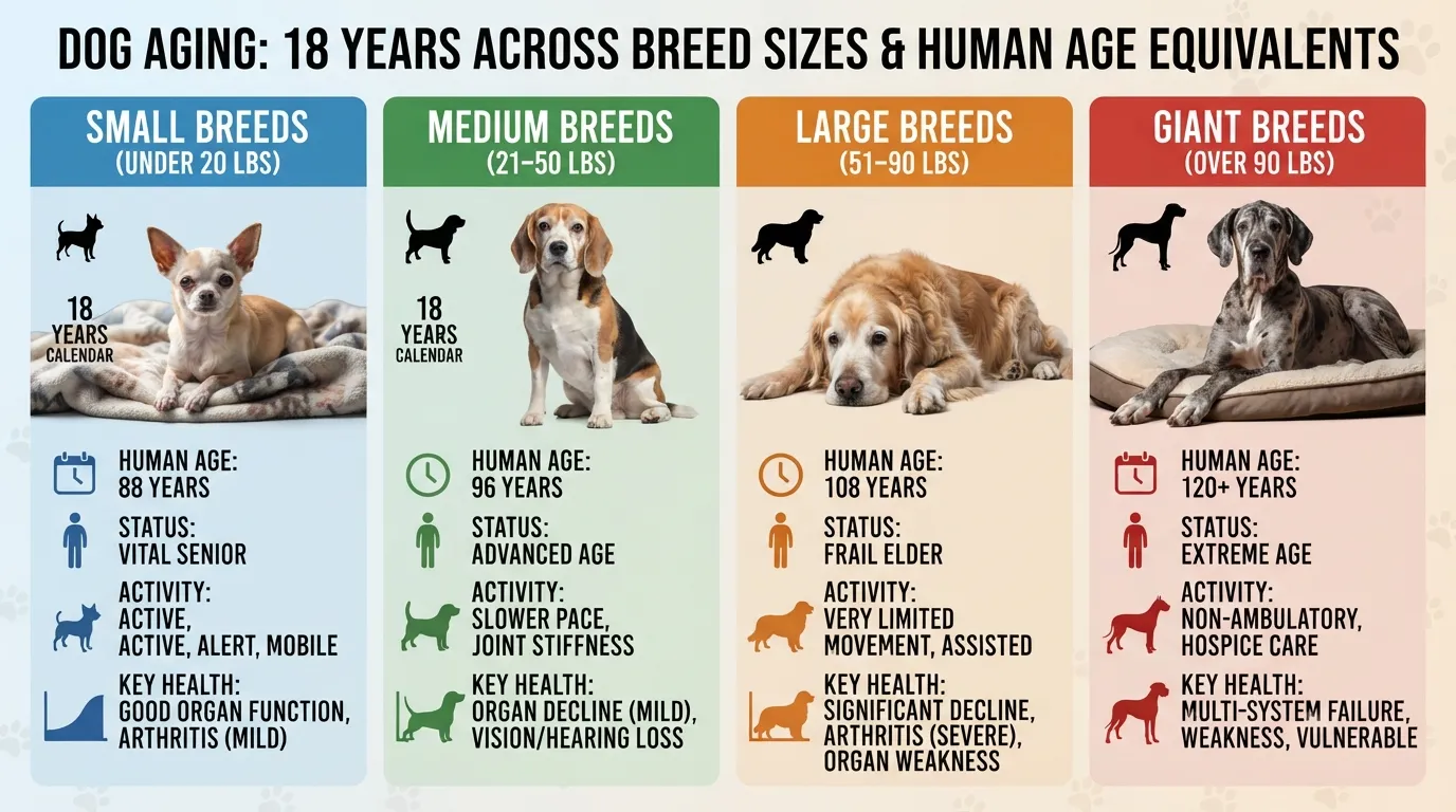 Comparison chart showing how an 18-year-old dog's age equates to human years across small, medium, large, and giant breeds.