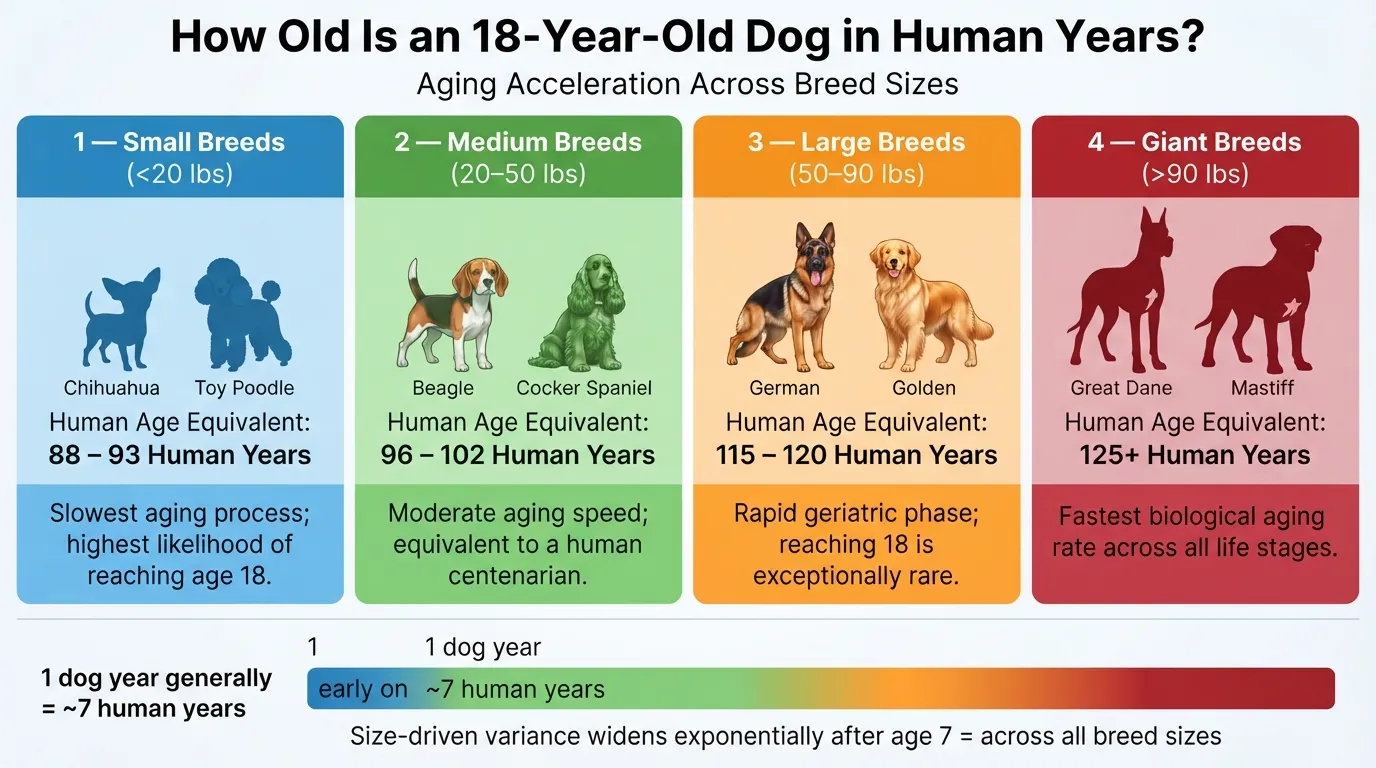 Comparison chart showing how 18 dog years equals different human years for small, medium, large, and giant dog breeds.