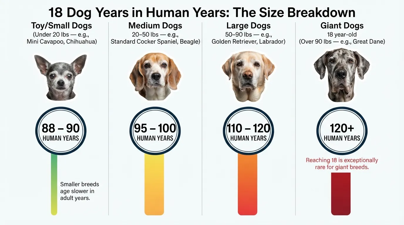 Comparative dog years to human years chart showing an 18-year-old dog's equivalent human age based on toy, small, medium, and large breed sizes.