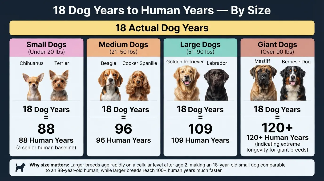 A comprehensive canine age chart converting 18 dog years into equivalent human years across small, medium, large, and giant breed size categories.
