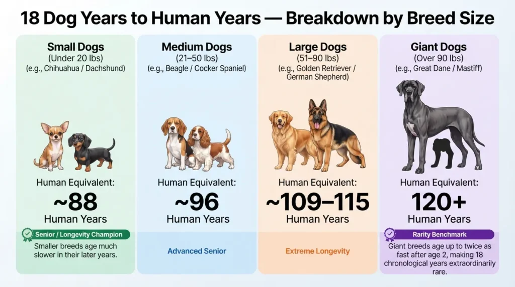 A comparative infographic chart showing how 18 dog years translates to human years across four dog size categories: Small, Medium, Large, and Giant breeds.