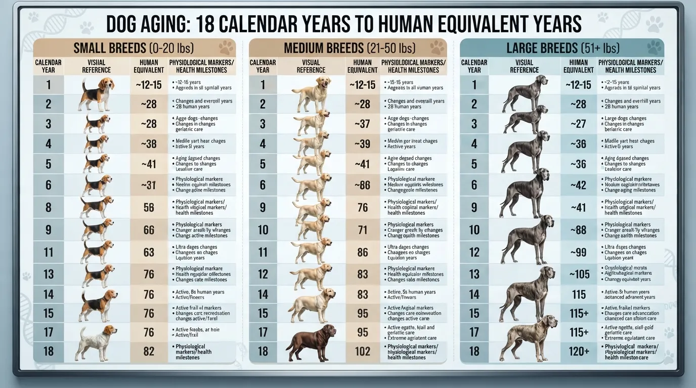 Infographic chart comparing 18 dog years to human years broken down by small, medium, and large dog breeds.
