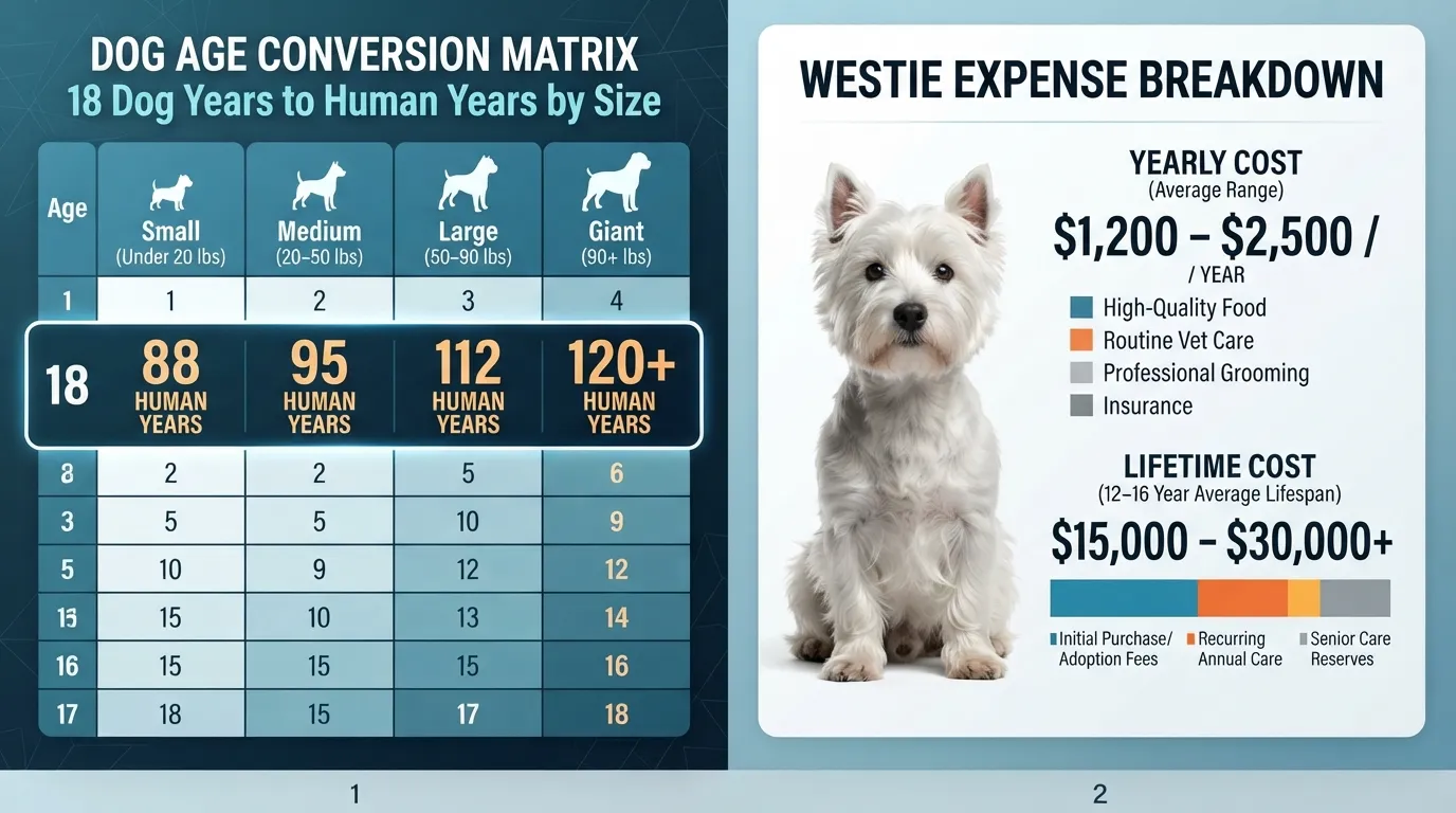A chart comparing 18 dog years to human years categorized by small, medium, large, and giant dog breeds, alongside an estimated yearly and lifetime cost breakdown for a West Highland White Terrier (Westie).