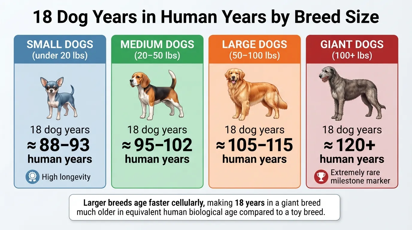 Comparison chart showing how 18 dog years convert to human years across small, medium, large, and giant dog breeds.