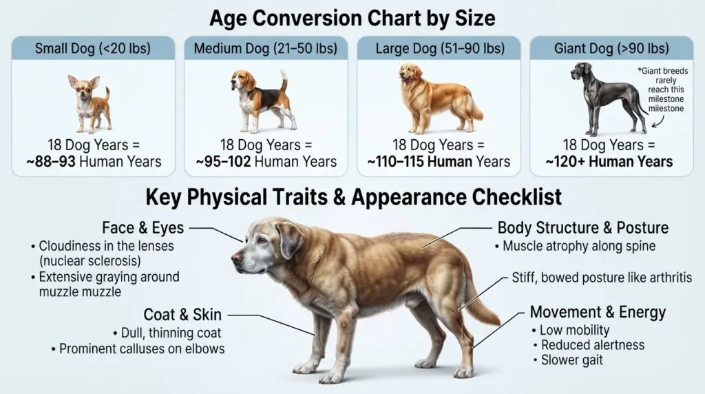 Infographic chart comparing an 18-year-old dog's age in human years across small, medium, large, and giant breeds, alongside physical traits of senior dogs like graying fur and cloudy eyes.