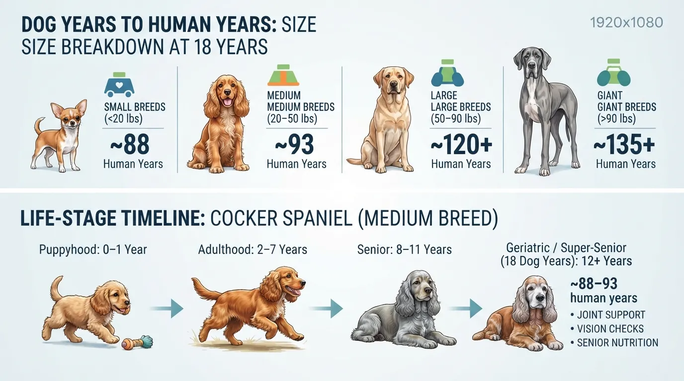 Comparison chart showing how an 18-year-old dog converts to human years across small, medium, large, and giant dog breeds, with a specific focus on Cocker Spaniel life stage milestones.