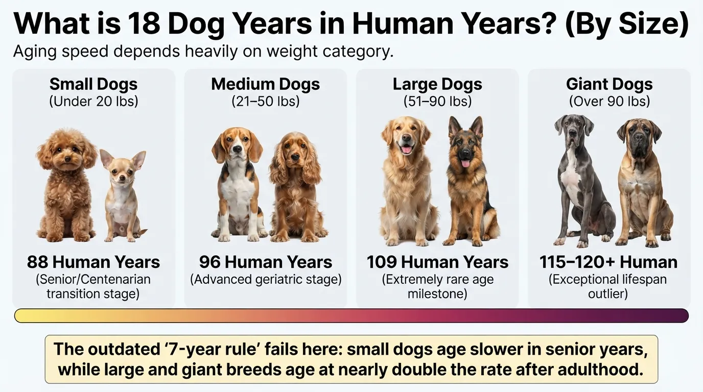 Comparative visual chart showing how an 18-year-old dog converts to human age across small, medium, large, and giant breed sizes.