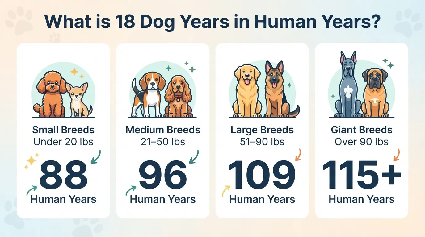 Comparison chart showing how an 18-year-old dog converts to human years across small, medium, large, and giant dog breeds.