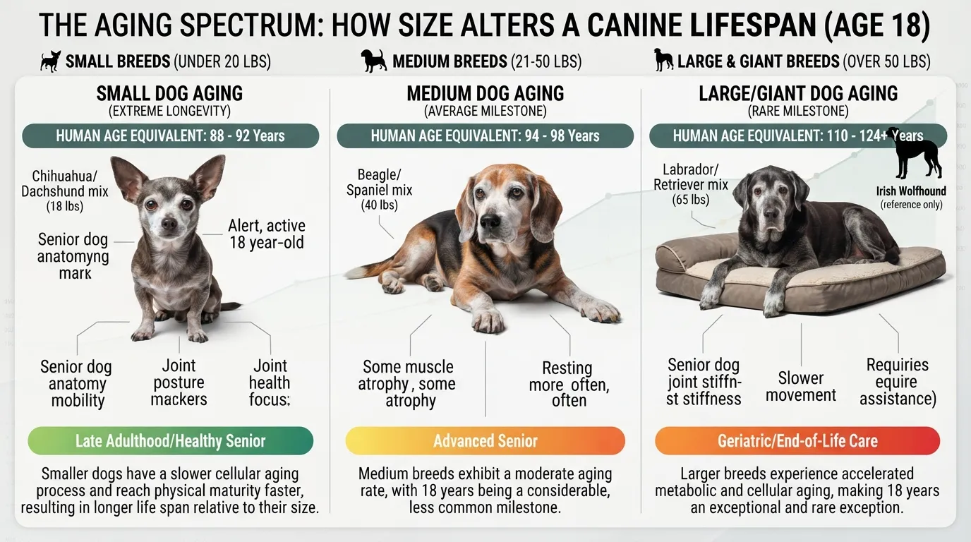 Infographic chart comparing 18 dog years to human years across small, medium, and large dog sizes, illustrating the corresponding senior life stages.