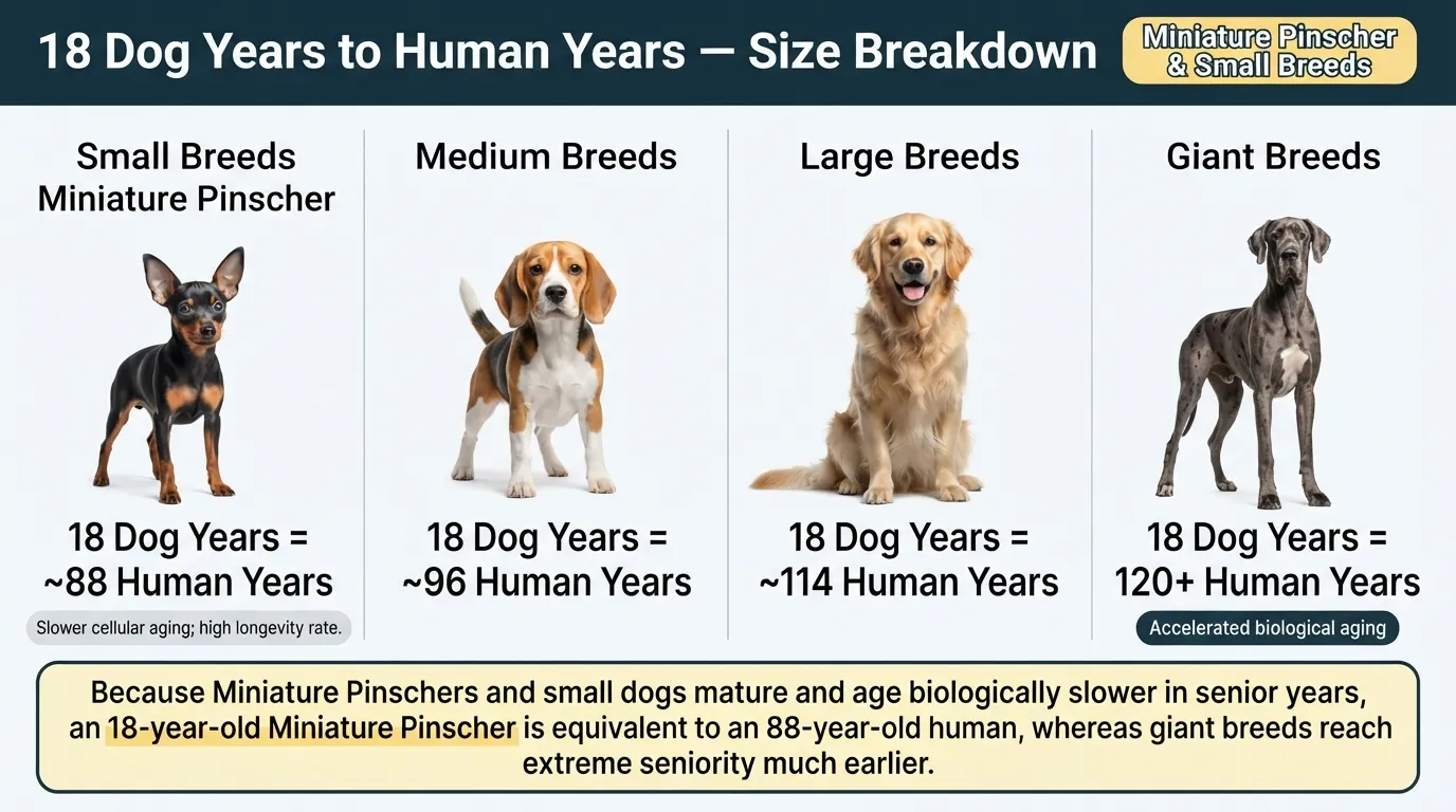 Comparative infographic showing that 18 dog years equals 88 human years for small breeds like the Miniature Pinscher, compared to 96 years for medium, 114 years for large, and 120+ years for giant dog breeds.