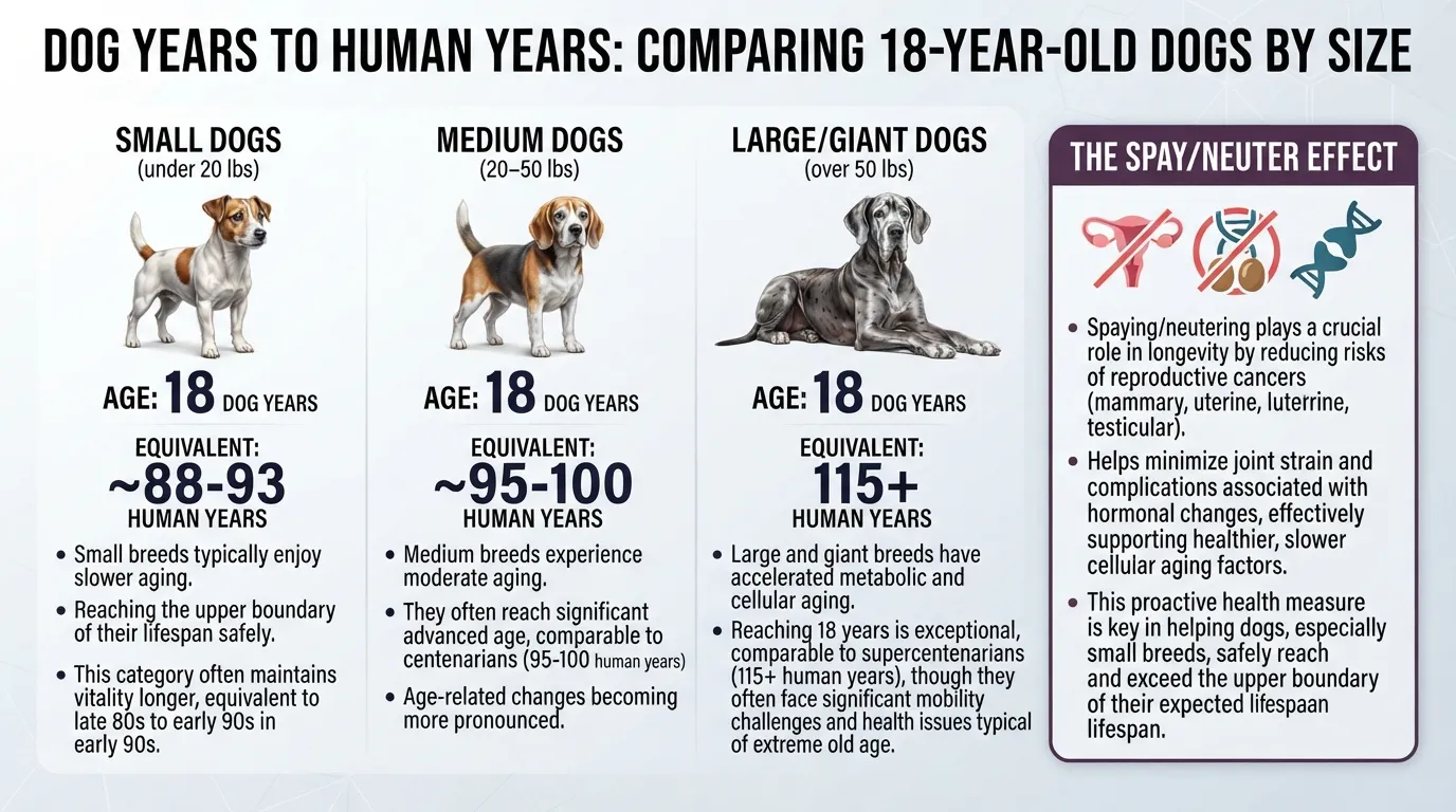 Comparison chart showing an 18-year-old small, medium, and large dog converted to human years, highlighting the impact of spaying and neutering on senior small dog longevity.