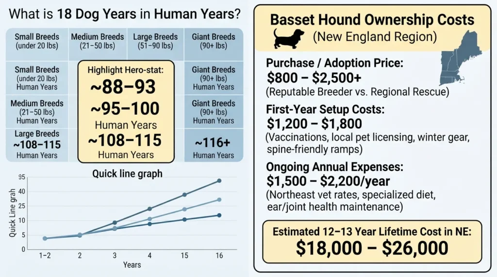 Comparison infographic chart showing how 18 dog years translates to human years across small, medium, and giant breeds, alongside a breakdown of initial purchase and annual costs for a Basset Hound in New England.