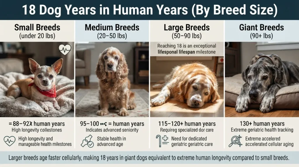 Comparison chart showing how 18 dog years convert to human years based on small, medium, large, and giant dog breed sizes.