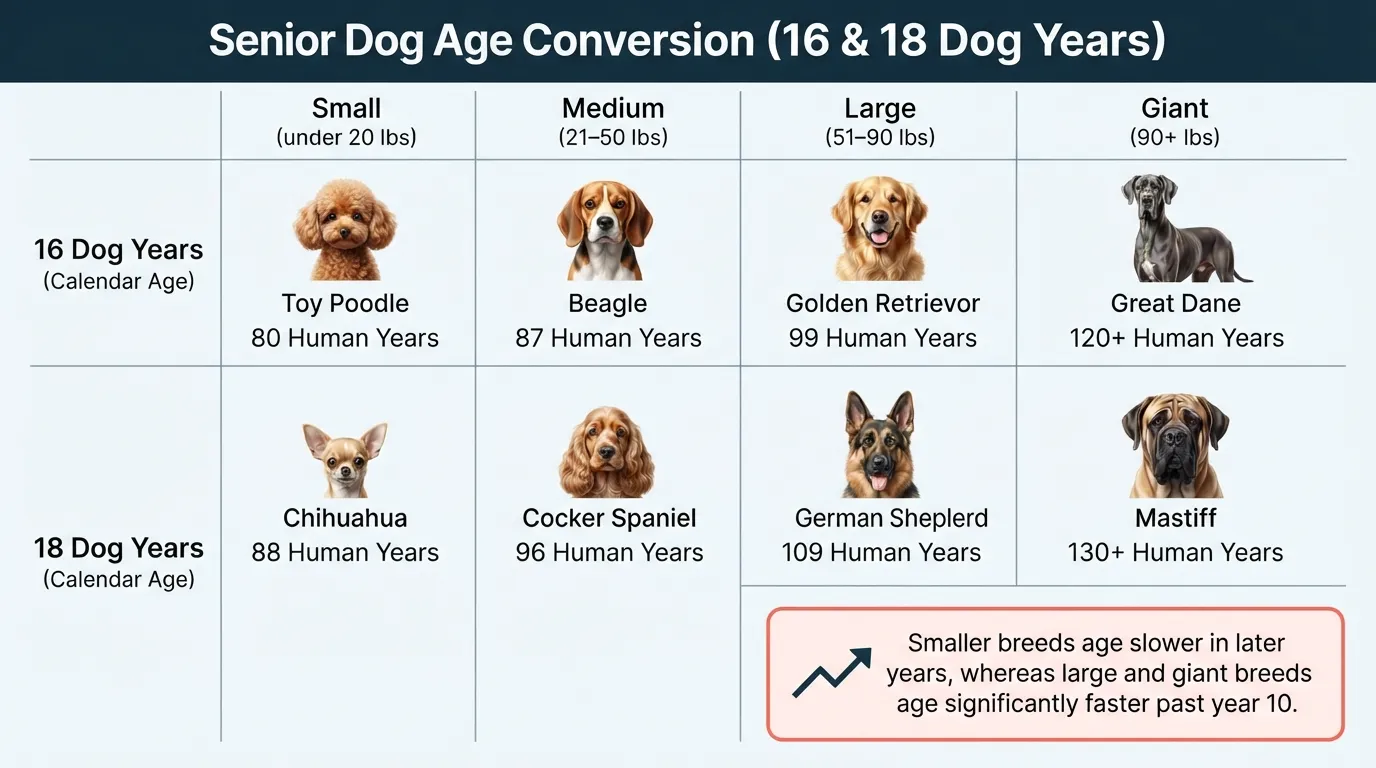 Comparison chart showing how 16 and 18 dog years translate into human years across small, medium, large, and giant dog breeds.
