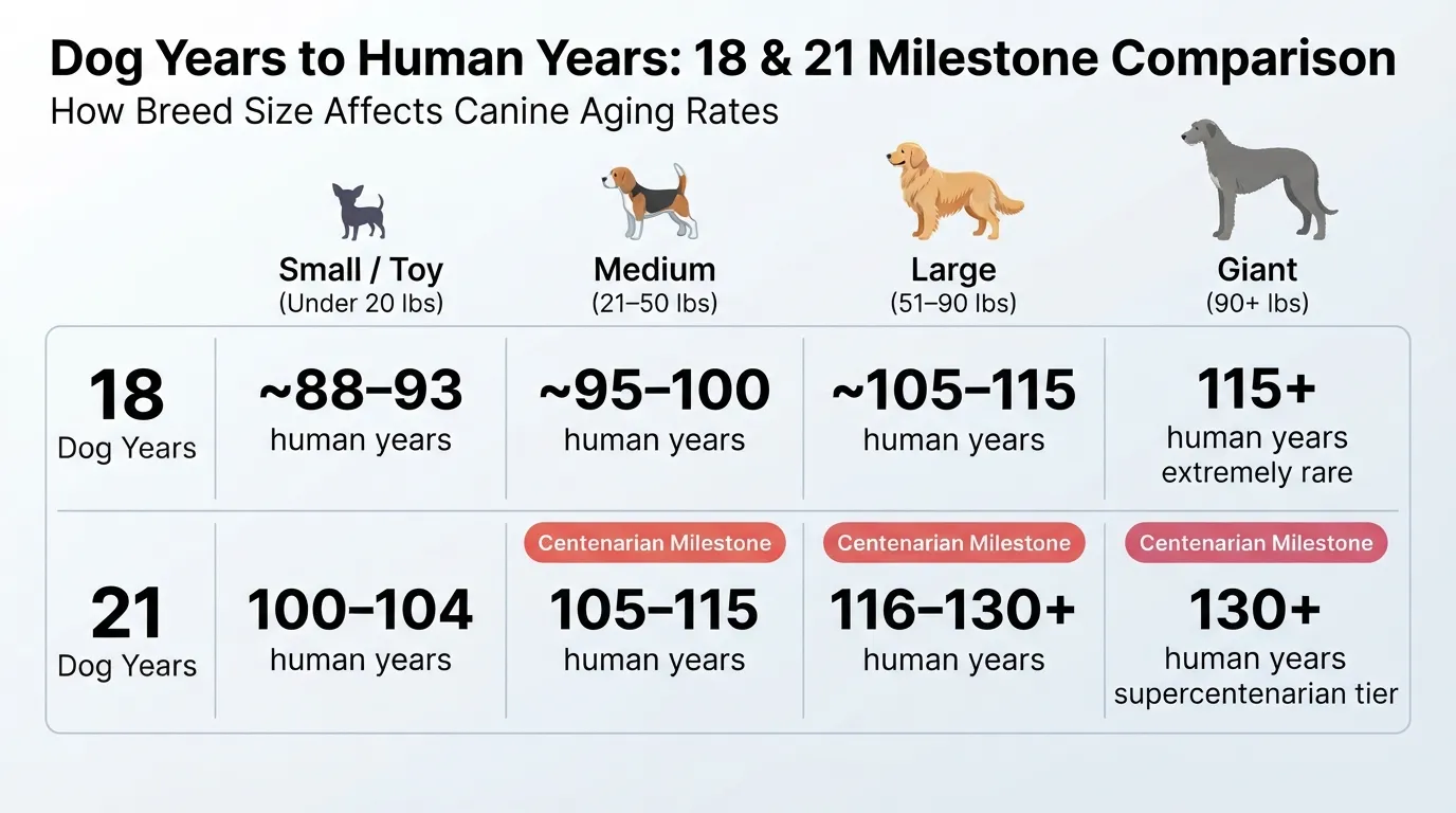 Comparison chart showing 18 and 21 dog years converted to human years across small, medium, large, and giant breed size categories.