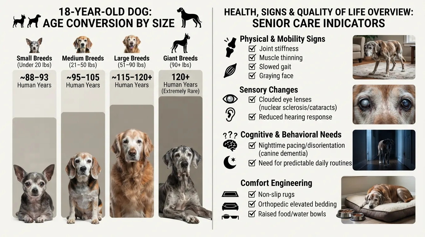 Infographic chart comparing an 18-year-old dog in human years across small, medium, and large size categories, alongside key senior dog health and quality of life signs.