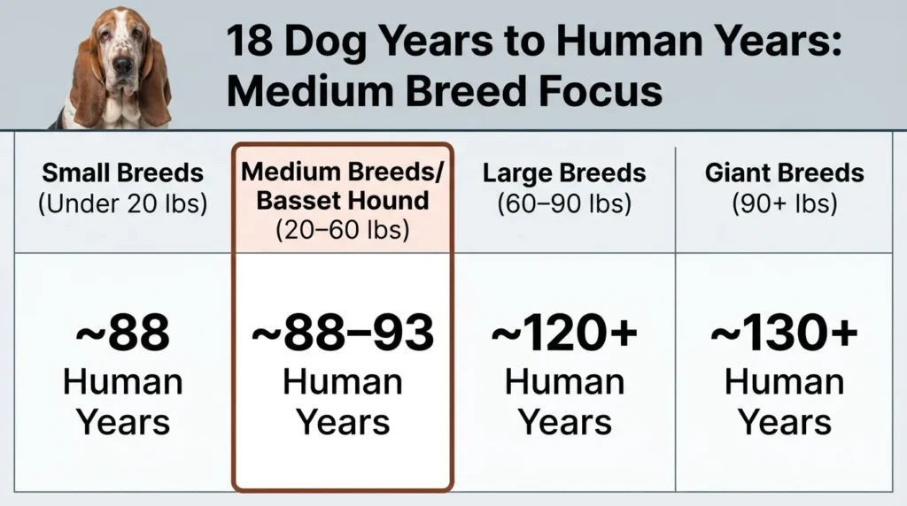 Comparison chart showing how an 18-year-old Basset Hound's age converts to human years based on its medium breed size.