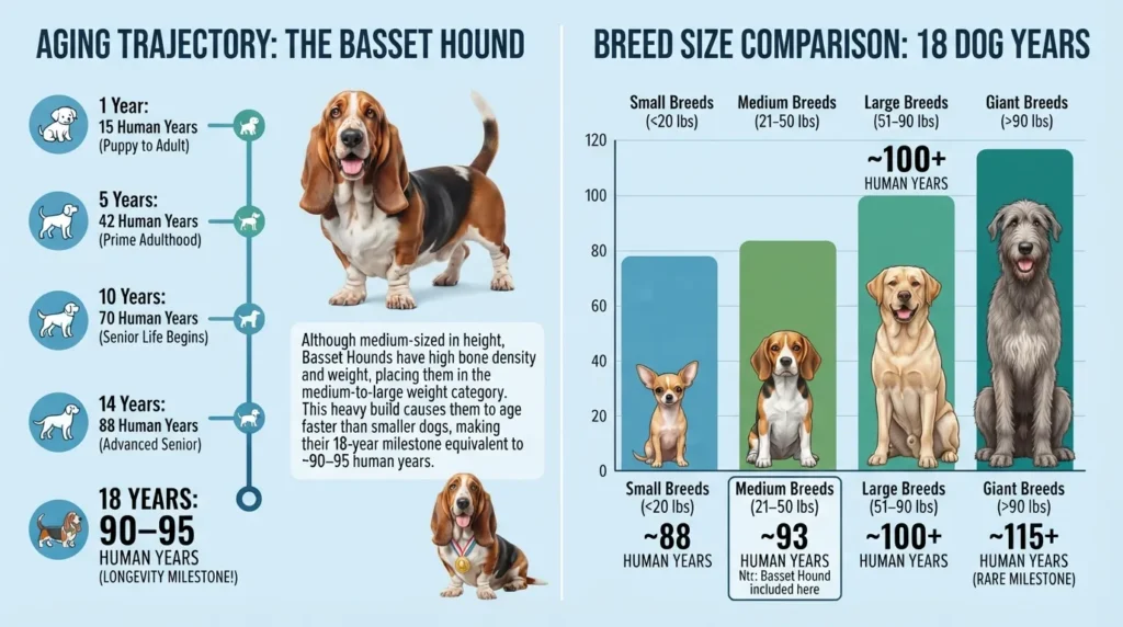 Comparison chart showing how an 18-year-old Basset Hound converts to human years across small, medium, and large dog breeds.