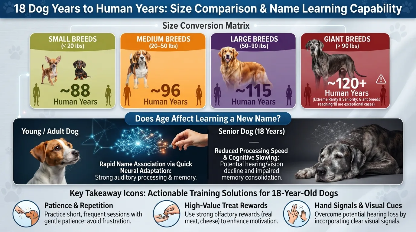 Comparison chart converting 18 dog years to human years across small, medium, large, and giant breeds, highlighting cognitive ability for learning new names in senior dogs.
