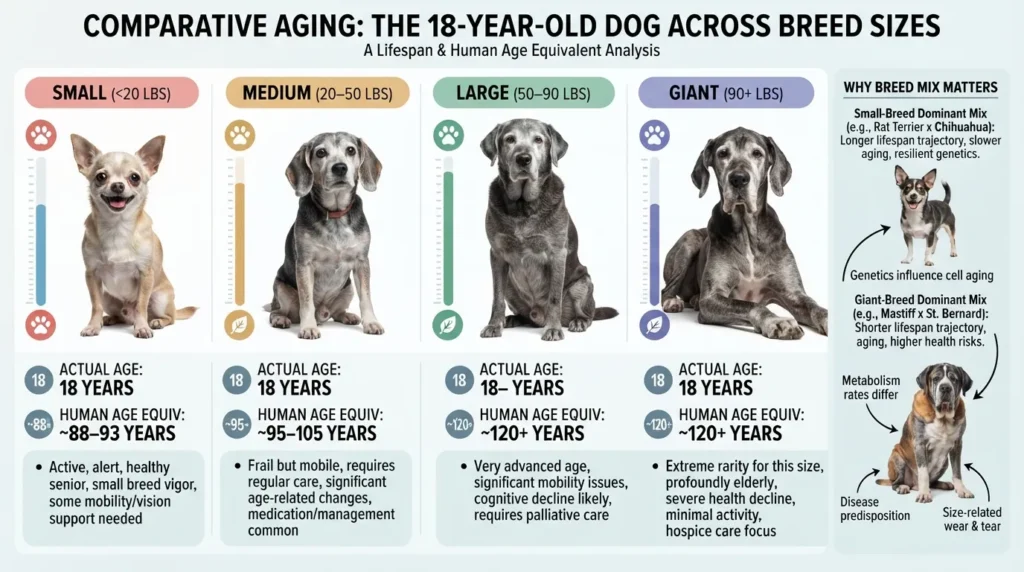 Comparison chart showing an 18-year-old dog's age in human years based on small, medium, large, and giant breed size categories, highlighting the impact of breed mix.