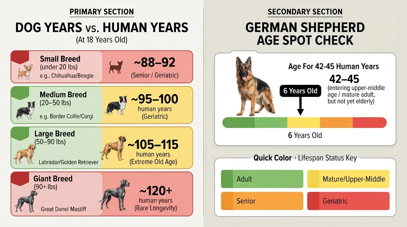 Comparison chart converting 18 dog years to human years across small, medium, large, and giant breeds, highlighting age classification for a 6-year-old German Shepherd.