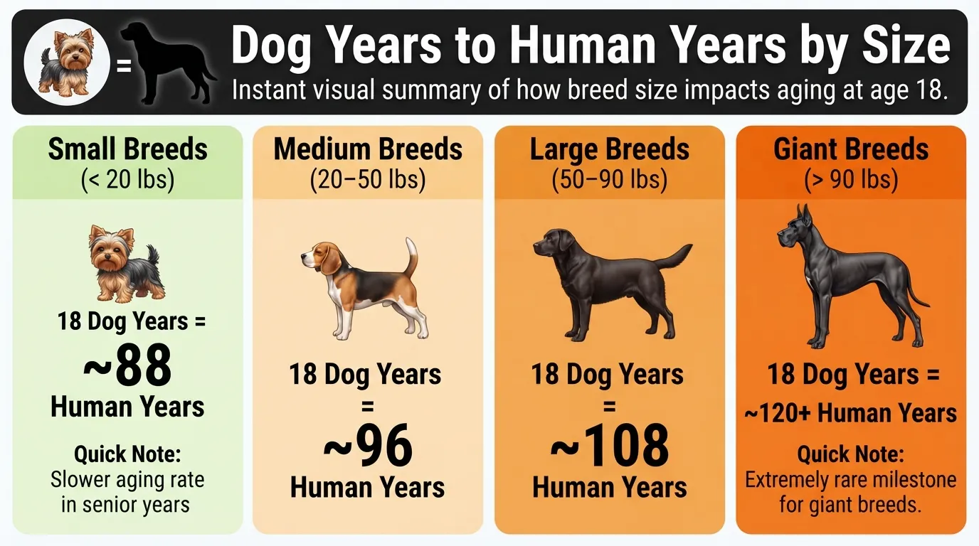 Comparison chart showing how 18 dog years equals 88 to 120 human years depending on small, medium, large, and giant dog sizes, featuring a Yorkie age conversion example.