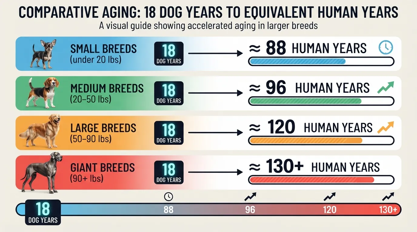 A dog age comparison chart showing how 18 dog years equals 88 human years for small breeds, 96 for medium breeds, and over 120 for large and giant breeds.