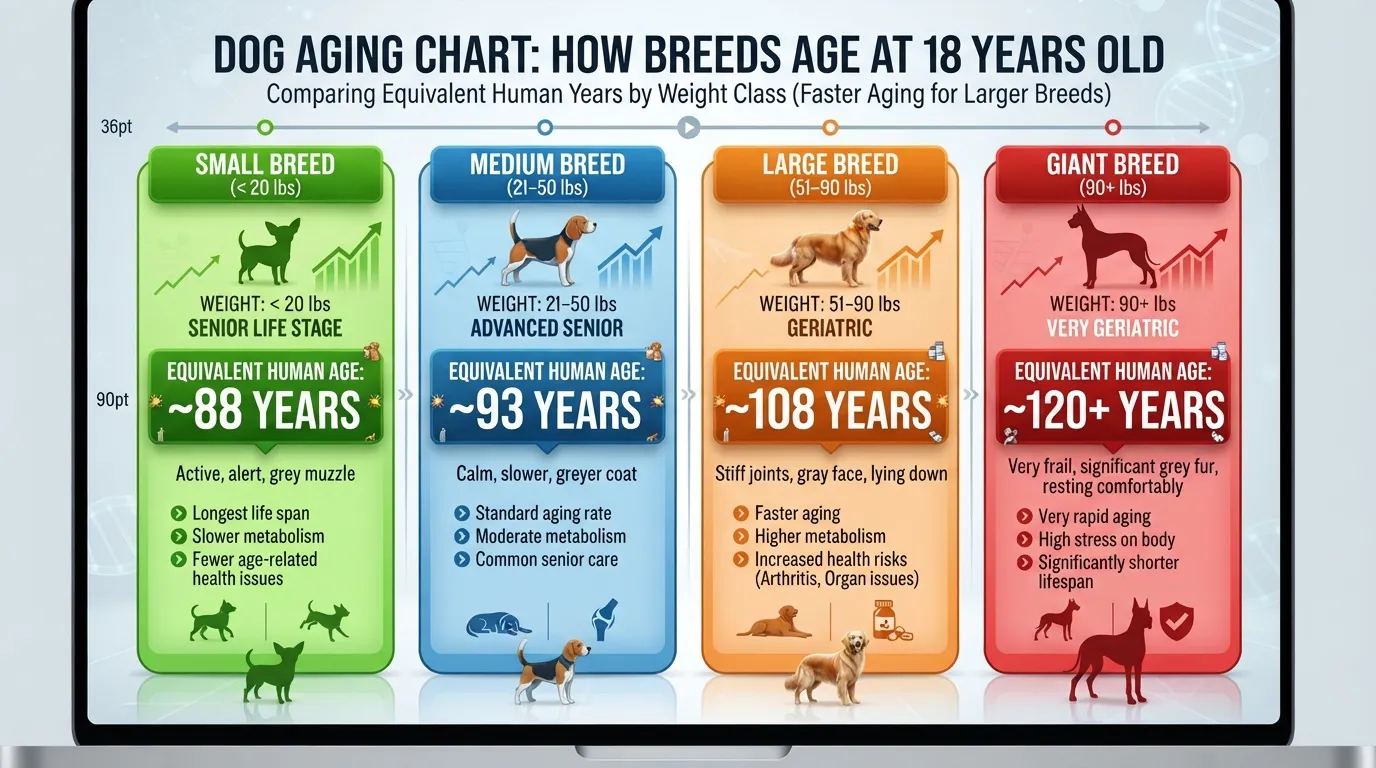 Dog age conversion chart showing how 18 dog years equals 88 to 120+ human years depending on small, medium, large, and giant breed sizes.