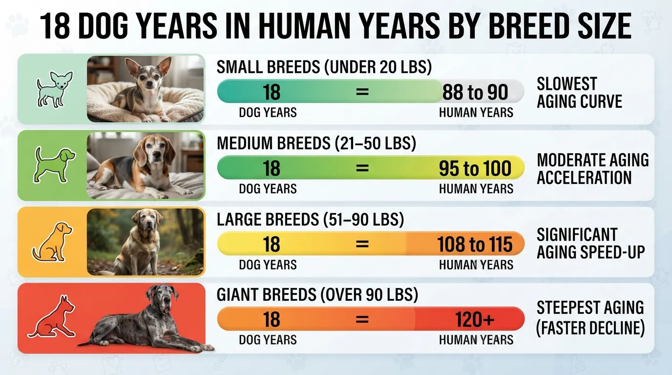 A chart comparing 18 dog years to human years across small, medium, large, and giant dog breeds.