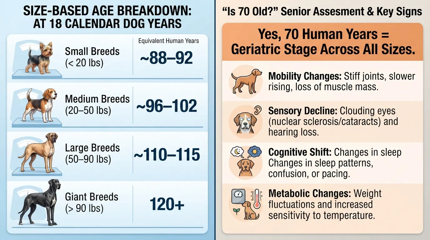 Comparison chart showing 18 dog years in human years for small, medium, large, and giant breeds, alongside senior dog care expectations.
