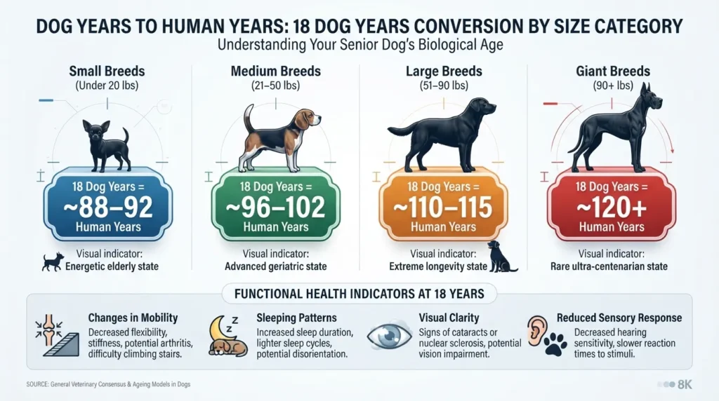 Comparison chart converting 18 dog years to human years across small, medium, large, and giant dog breed sizes.