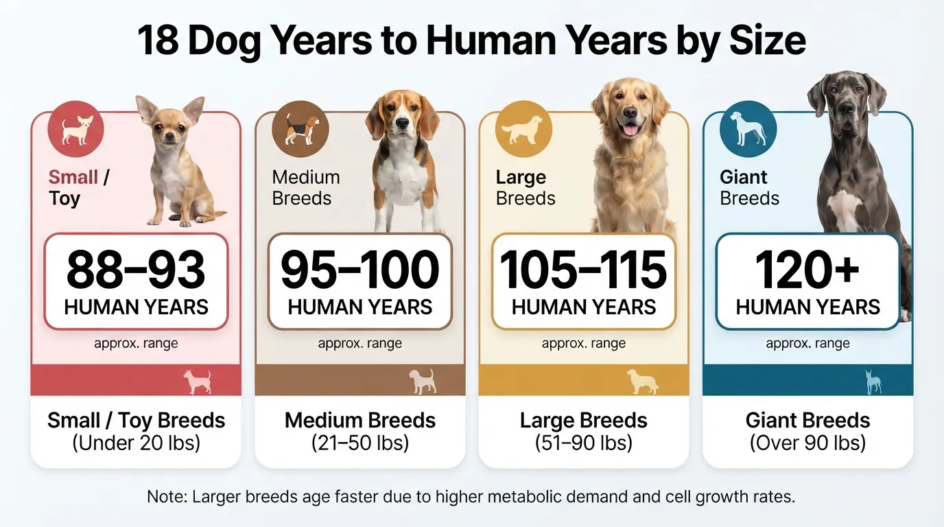 Comparison chart showing how an 18-year-old dog converts to human years across small, medium, large, and giant breed sizes.