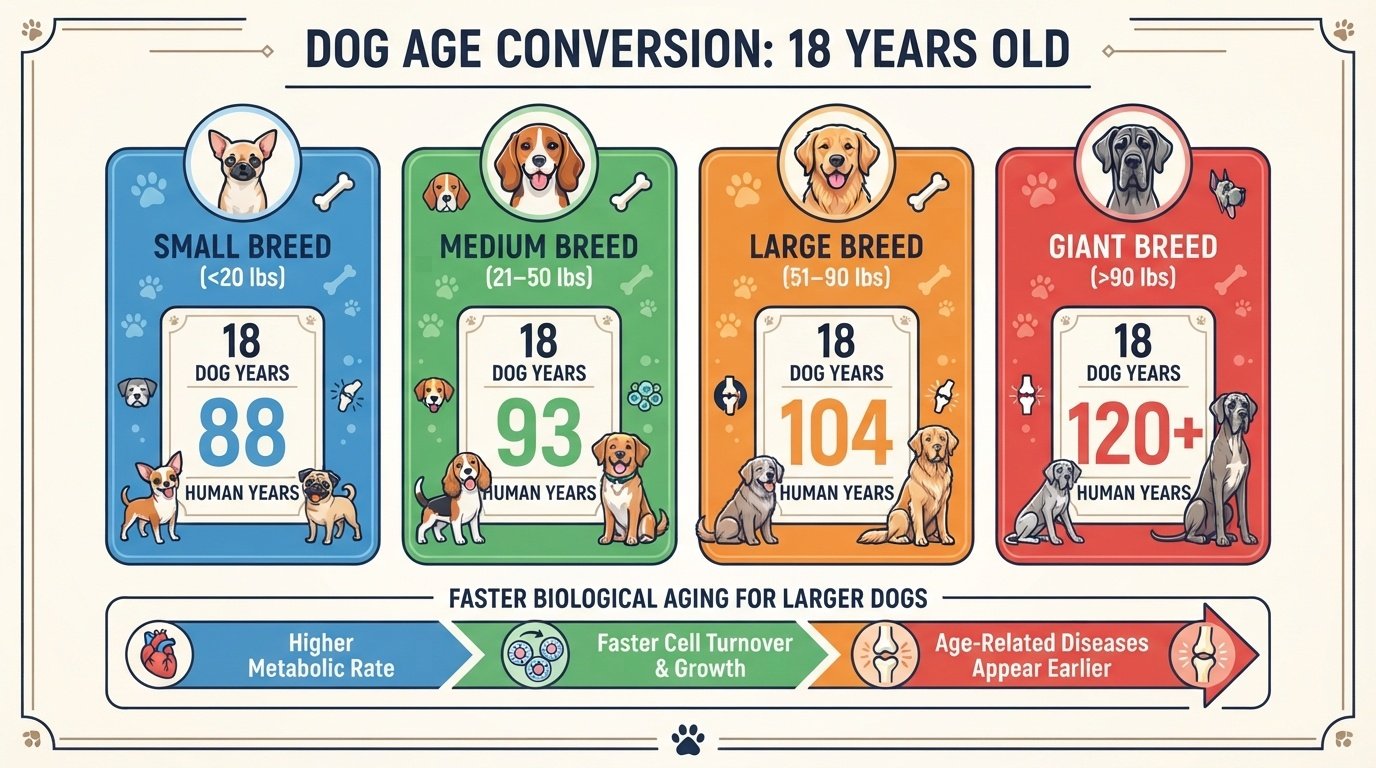 Infographic chart comparing how 18 dog years convert to human years across small, medium, large, and giant dog breeds.