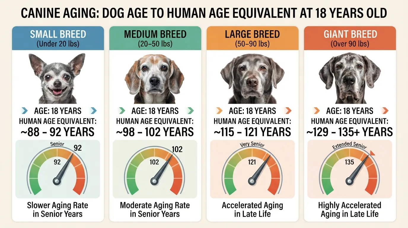 Comparison chart showing how an 18-year-old dog converts to human years across small, medium, large, and giant dog breeds.