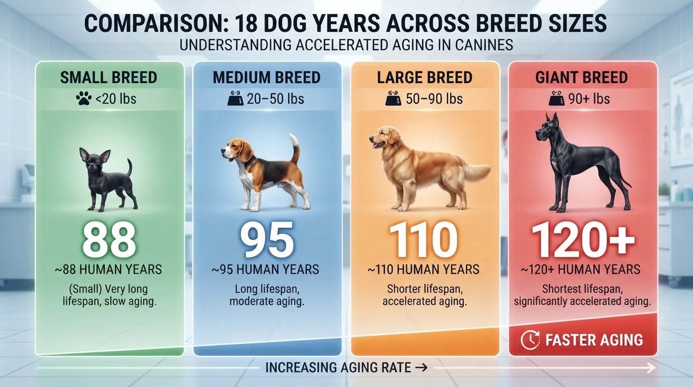 Comparative chart showing 18 dog years converted to equivalent human years across small, medium, large, and giant dog breeds.