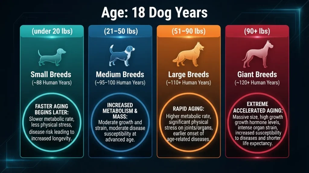 Comprehensive chart comparing 18 dog years to human years across small, medium, large, and giant dog breeds.