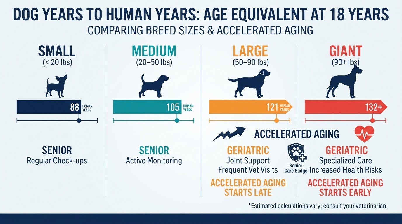 Comparison chart showing how an 18-year-old dog converts to human years across small, medium, large, and giant breed sizes.