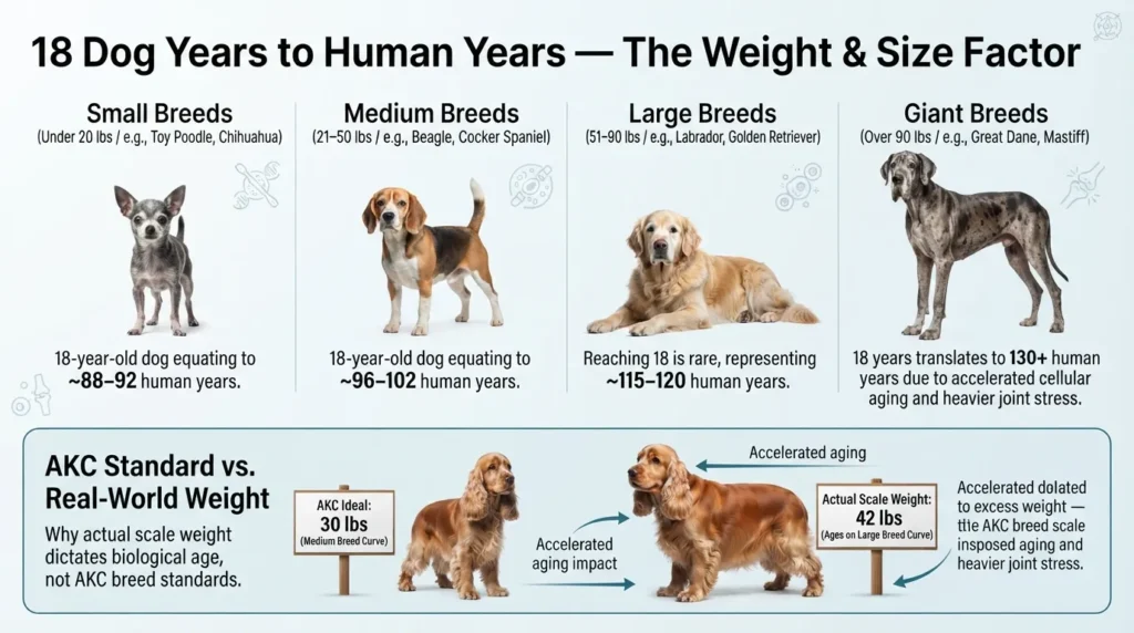 Comparison chart showing how 18 dog years translates to human years for small, medium, large, and giant breeds compared to AKC weight standards.