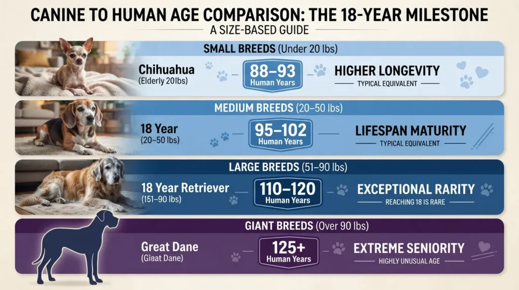 Comparison chart showing how 18 dog years translates to human years across small, medium, large, and giant dog breeds.