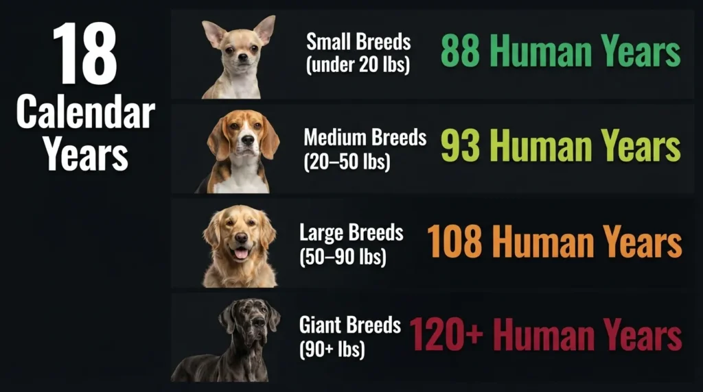 Infographic showing how an 18-year-old dog converts to human years across small, medium, large, and giant breed sizes.
