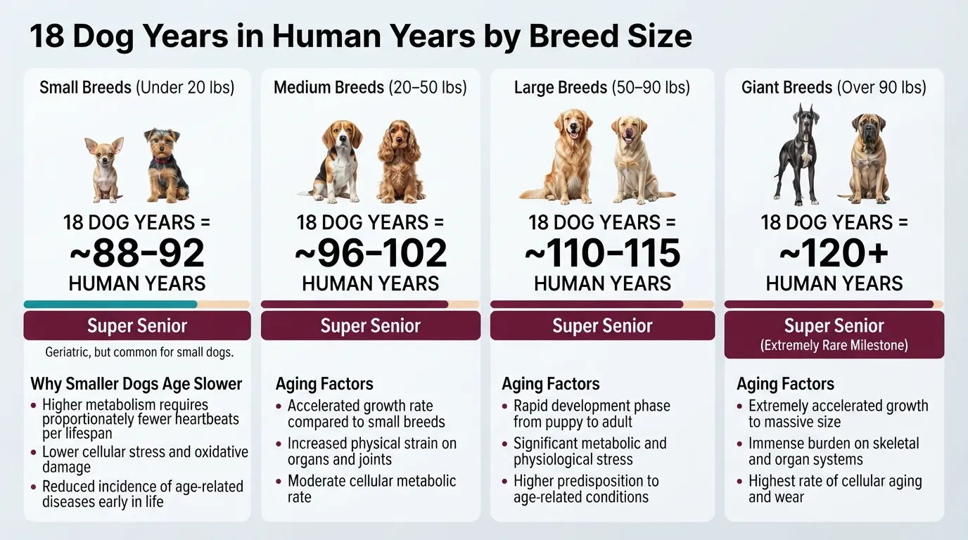 Comparative age conversion chart showing how 18 dog years translate to human years for small, medium, large, and giant dog breeds.