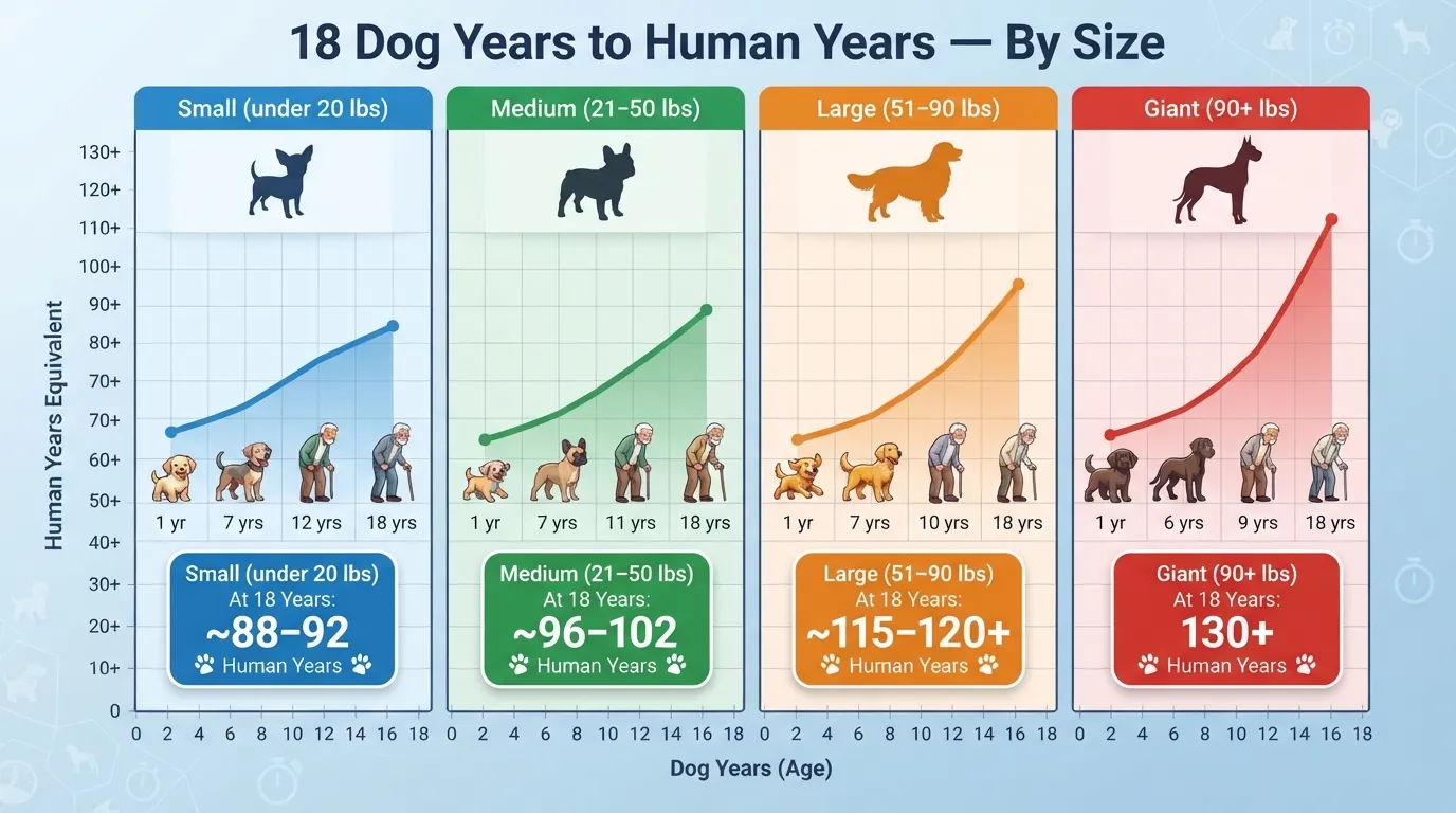 Comparison chart showing how 18 dog years convert to human years for small, medium, large, and giant dog breeds.