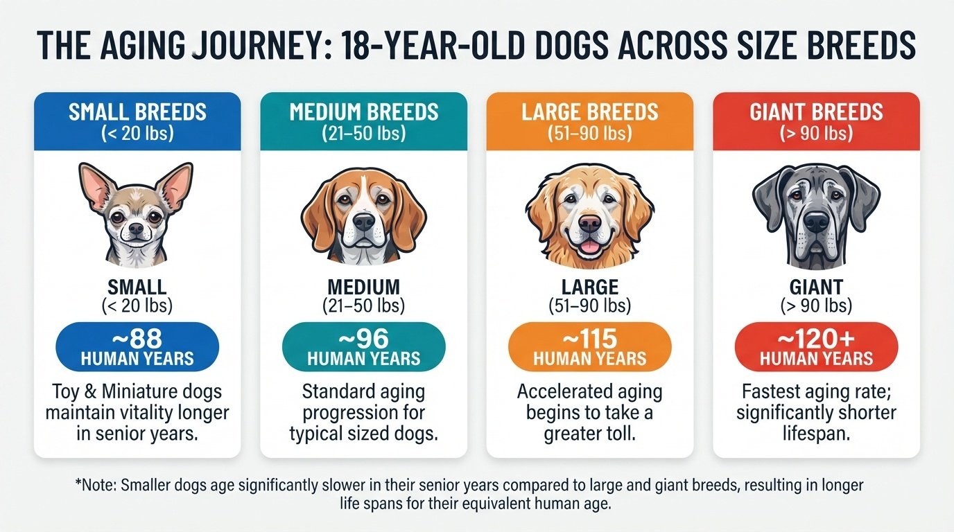 Comparison chart converting 18 dog years to human years across small, medium, large, and giant dog breeds.